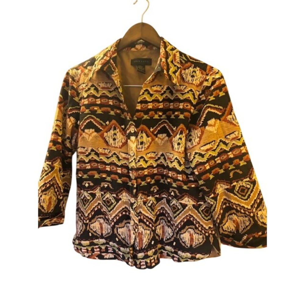 Silk Land Women's 100% Silk Beaded Southwestern Jacket Large Black Tan Vintage